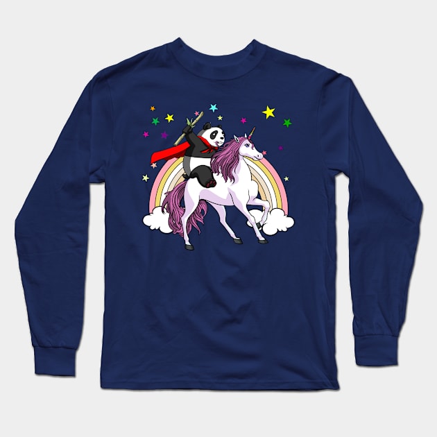 Panda Bear Riding Unicorn Funny Rainbow Long Sleeve T-Shirt by underheaven